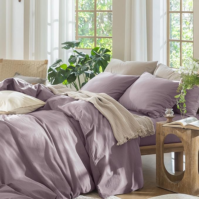 MooMee Bedding Duvet Cover Set 100% Washed Cotton Linen Like Textured Breathable Durable Soft Comfy (Solid Taro Purple, Twin 68"x90")