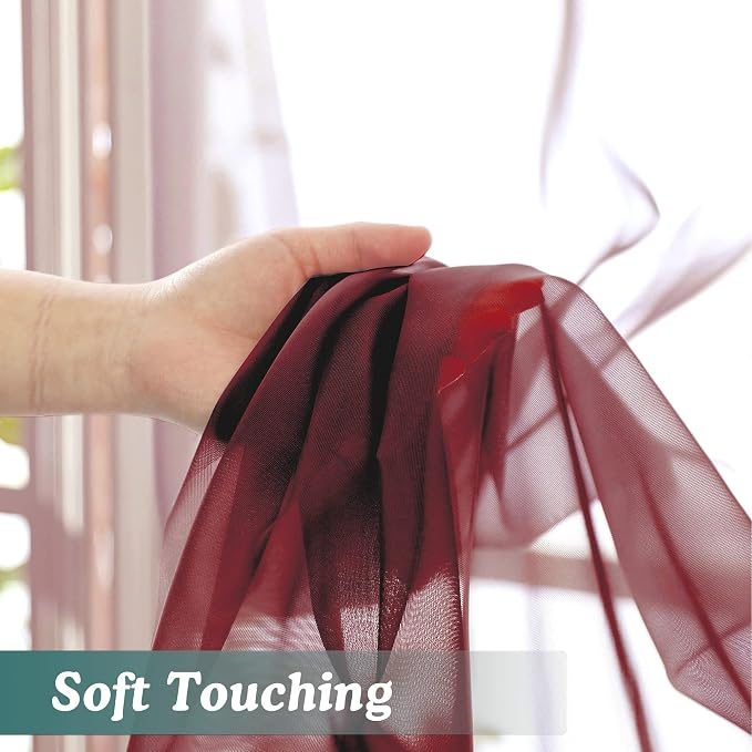 Chyhomenyc Sheer Curtains 63 Inch Length 2 Panels, Burgundy | Light Filtering - Image 6