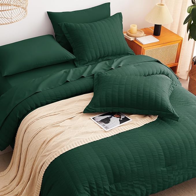 CozyLux King Size Comforter Set Emerald Green Seersucker 7 Pieces Bed in a Bag King Comforter Set with Sheets, Luxury Soft Bedding Set with Down Alternative Comforter, Sheets, Pillowcases & Shams