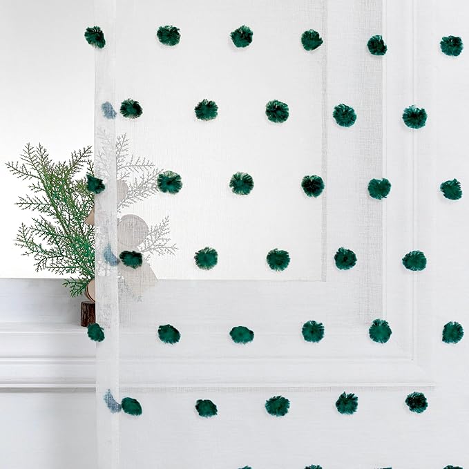 MYSKY HOME Kitchen Curtains 54 Inches Long Small Window Curtains for Christmas Hunter Green Pom Pom Curtains for Cafe Bedroom Nursery Boys Room Rod Pocket 2 Pieces Drapes 52 x 54 inch Length