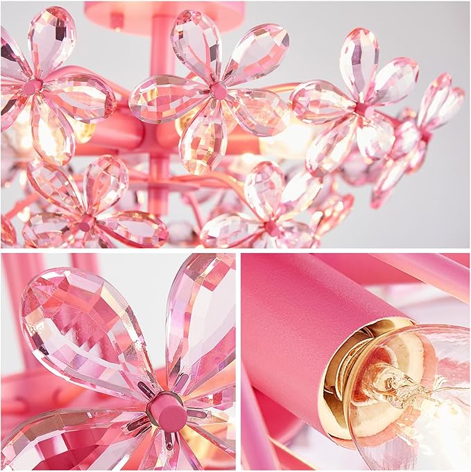 WUZUPS Crystal Chandelier Flushmount Ceiling Light Modern Lighting Fixture for Bedroom Hallway Bar Kitchen Bathroom, H 8.9" x W 17.7", Pink, E12 Base