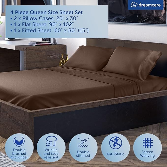 DREAMCARE Queen Size Sheets - Cooling Bed Sheets - 4pcs Set - up to 15" Deep Pocket Queen Sheet Set - Sheets Queen Size Bed - Soft & Long Lasting 100% Fine Microfiber with Side Pocket - Mocha Brown