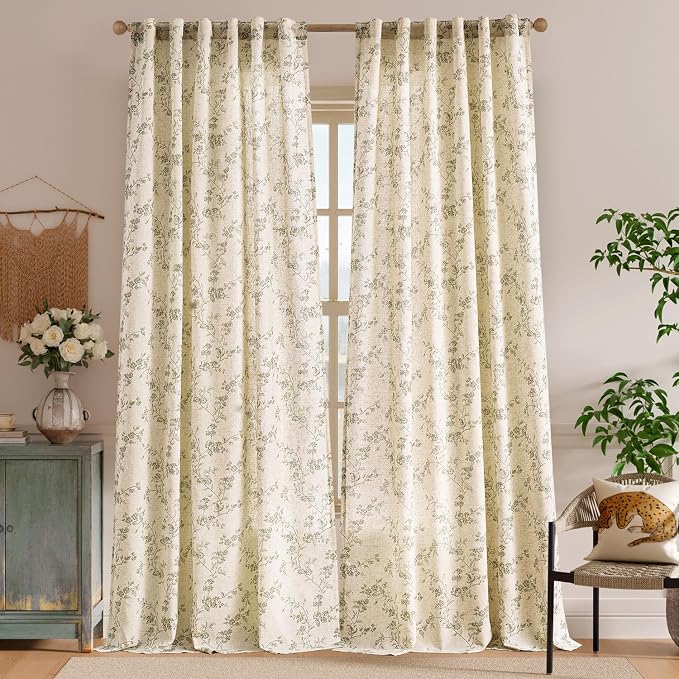 Extra Long Green Vintage Floral Linen Curtains Farmhouse 2 Panels | Elisa Series - Image 2