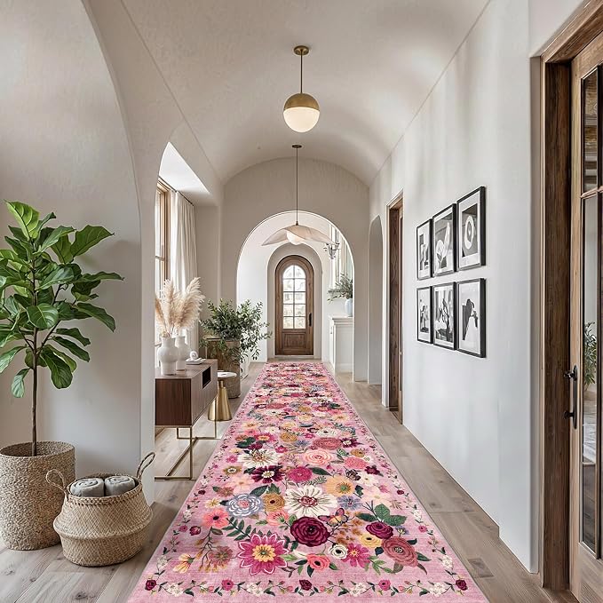 Floral Hallway Runner Rug for Bedroom Kitchen 2'6"x14' | Rubber Backing; Non by WelcometoBabovid