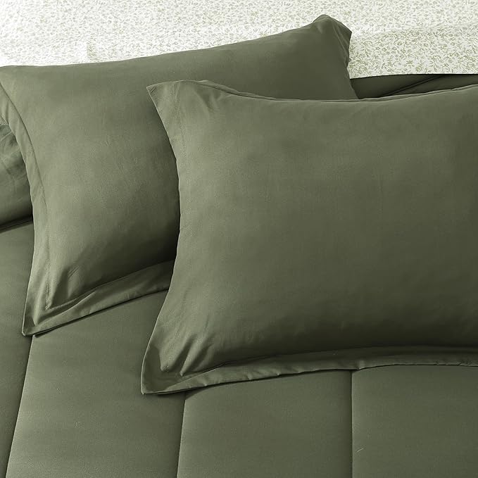 Monbix Queen Comforter Set - 7 Pieces Olive Green Bed in a Bag Queen Track Stitching Bedding Sets, All Seasons Down Alternative Comforter Bed Set with Sheets,Pillowcases & Shams