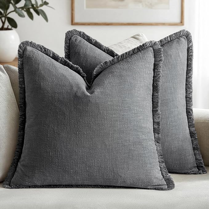 MIULEE Boho Linen Fringe Decorative Throw Pillow Covers Grey 18x18 | Set of 2 by MIULEE