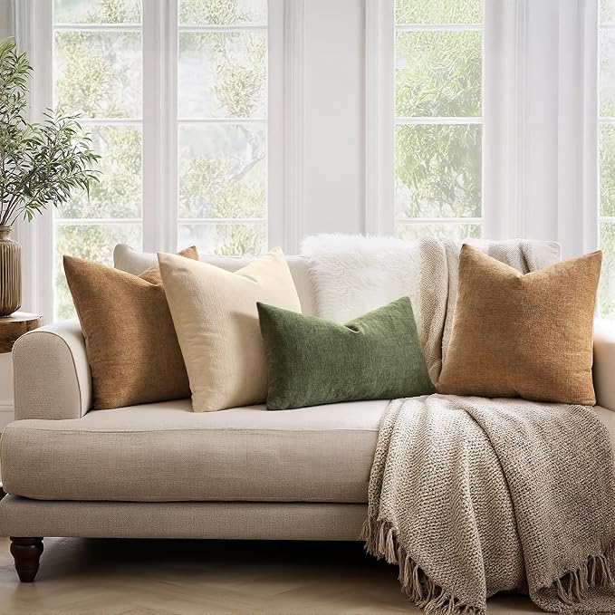 MIULEE Olive Green Chenille Couch Lumbar Throw Pillow Covers, 12x20 | Set of 2 - Image 3