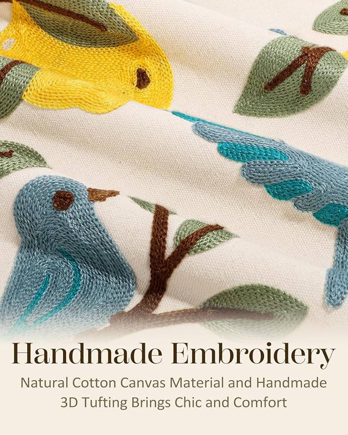 Embroidered Throw Pillow Cover 18x18 Inch, Bird Lemon | Decorative Pillow Cover - Image 2