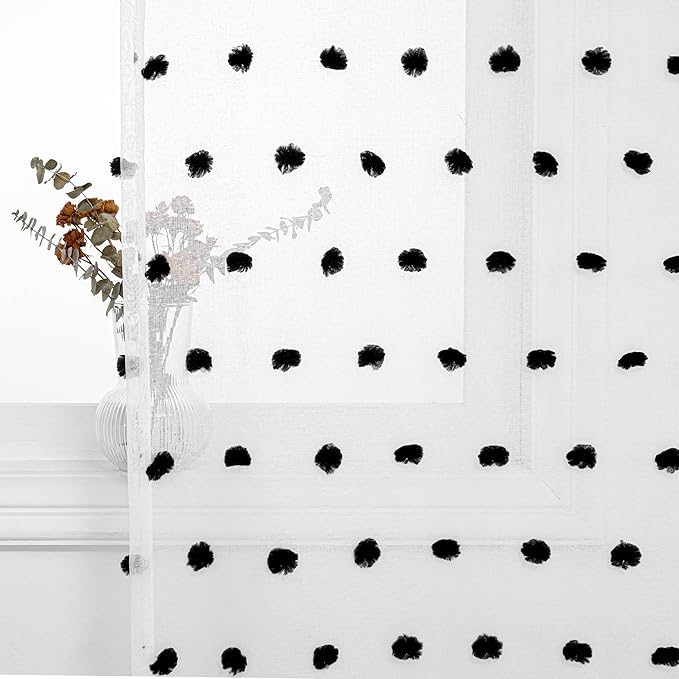 MYSKY HOME Black Pom Pom Curtains Halloween Nursery Curtains for Girls Bedroom 63 Inch Length Long Window White Sheer Curtains for Kids Room Rod Pocket Farmhouse Window Drapes 2 Sets 52" x 63"