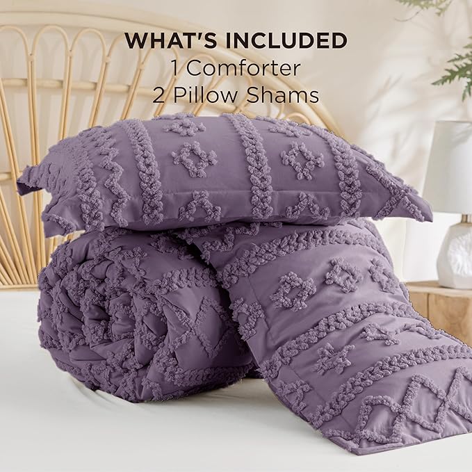 Bedsure Tufted Boho Comforter Set Queen Size - Grayish Purple Boho Bed Set, GentleSoft™ 3 Pieces Farmhouse Shabby Chic Embroidery Bedding, Gifts for Woman, Jacquard Queen Comforter for All Seasons