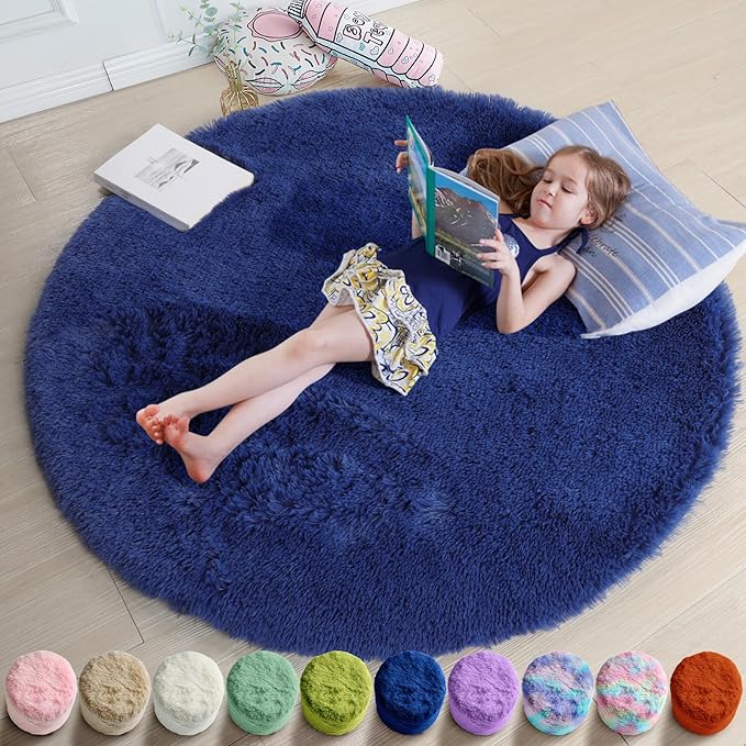 Amdrebio Navy Blue Small Round Shag Area Rug 3Ft by Amdrebio
