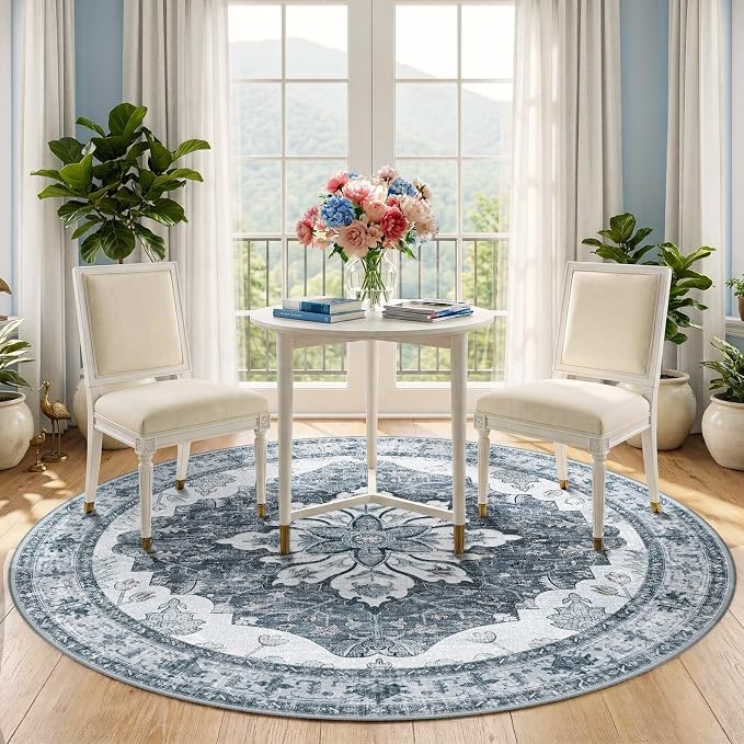 RELEANY Washable Area Rug, Round 5ft, Water Repellent, Pet Friendly, Vintage - Image 3