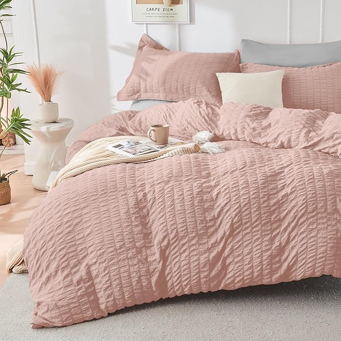 HYMOKEGE Rose Gold/Light Grey Twin Comforter Set Seersucker 5 Pieces, All Season Luxury Bed in a Bag for Bedroom, Bedding Set with Comforter, Sheets, Pillowcase & Sham