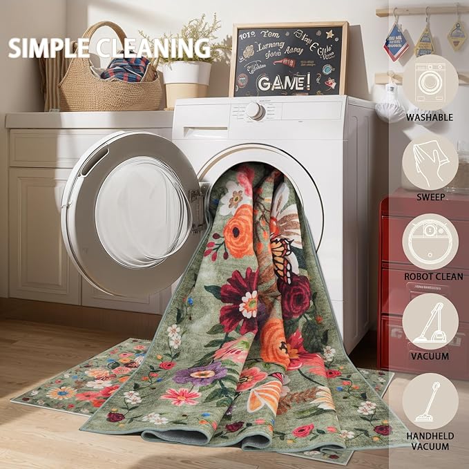 Floral Large Area Rug 10x14 for Living Room Bedroom | Low Pile; Non Slip; - Image 4
