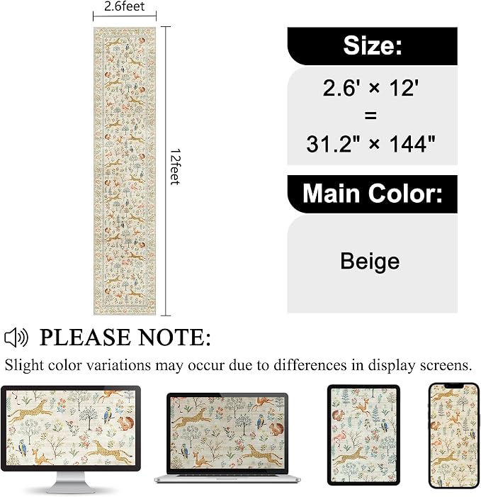 DUKINO 2.6x12 Hallway Runner Rug, Washable Animal Rug Non Slip, Stain Resistant - Image 2