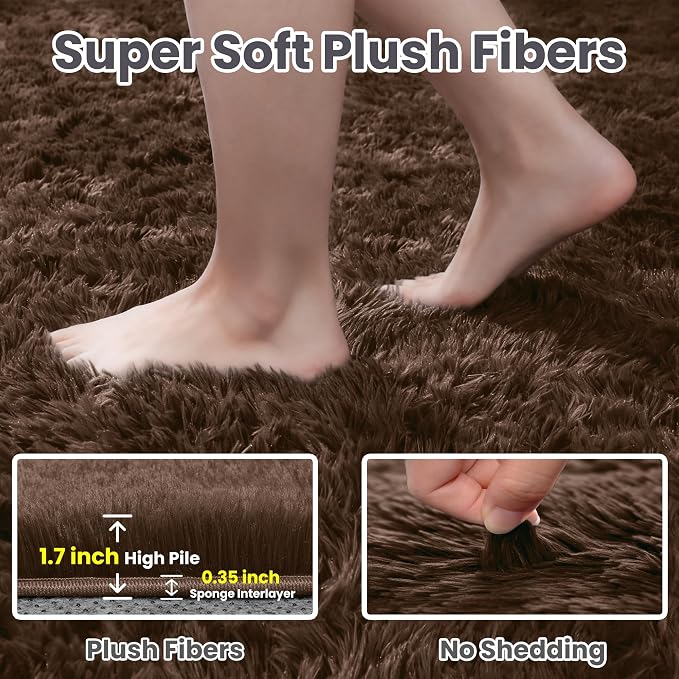 2x6 Fluffy Shag Area Rugs for Living Room Bedroom: Soft Plush Carpet Brown | - Image 5