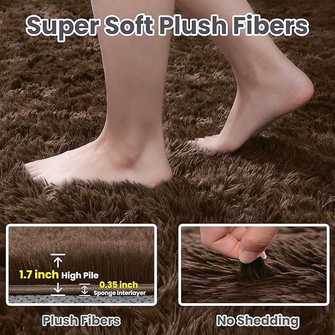 4x6 Fluffy Shag Area Rugs for Living Room Bedroom: Soft Plush Carpet Brown | - Image 5