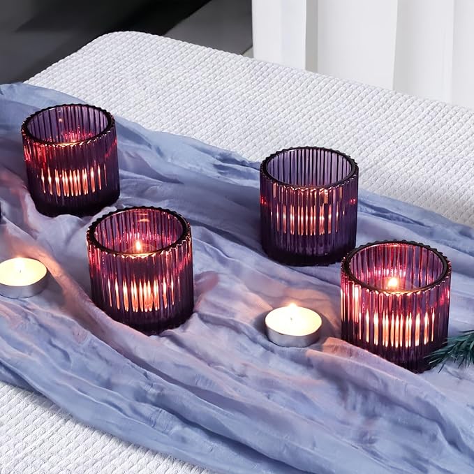 VOHO Large Votive Candle Holders for Table Centerpiece, 6pcs Purple Glass Ribbed Candle Holder for Halloween Decorations, Vintage Tealight Candle Holder for Baby Shower/Easter/Diwali(2.75"W x 2.56"H)