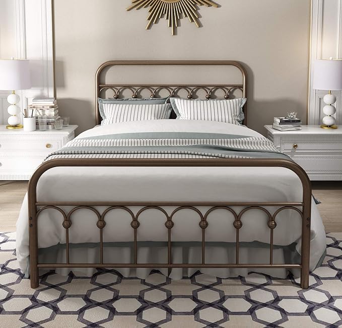 YALAXON Vintage Sturdy Full Size Metal Bed Frame with Headboard and Footboard Basic Bed Frame No Box Spring Needed，Antique Brown