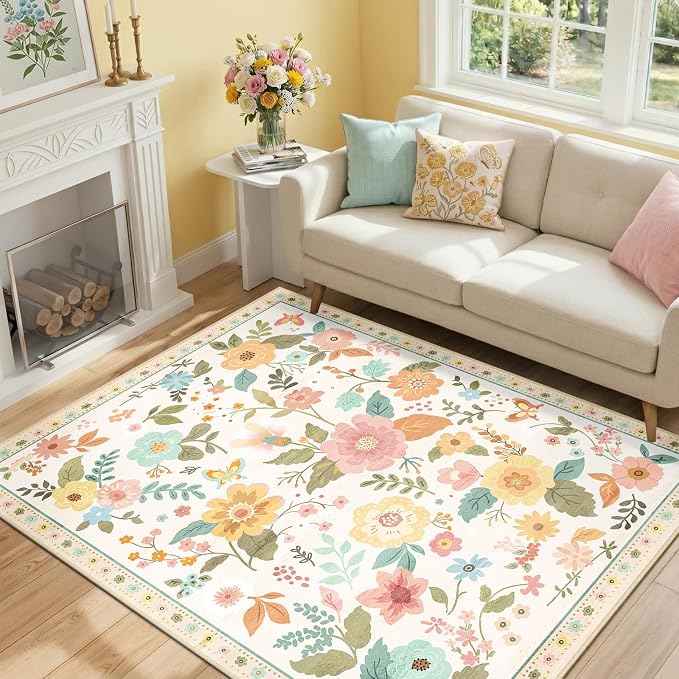 RELEANY Floral Washable 3x5 Area Rugs Beige/White/Orange | Flower Carpet Print - Image 2