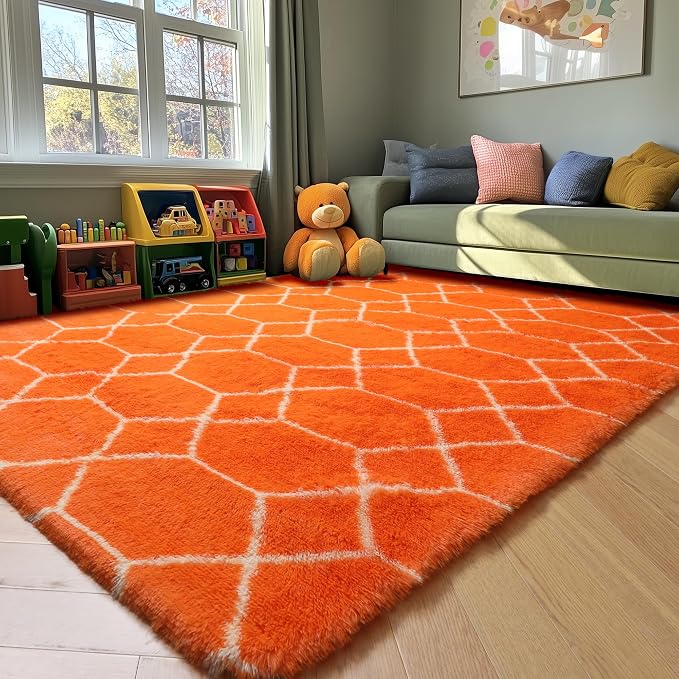 Area Rugs for Living Room, 5x8 Fluffy Orange and White Bedroom Trellis Rug | - Image 9