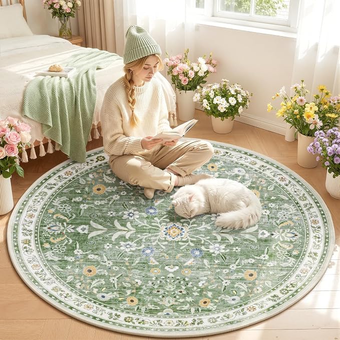 Yamaziot 4Ft Washable Round Area Rug Non Slip Floral Carpet, Sage Green | Soft by Yamaziot