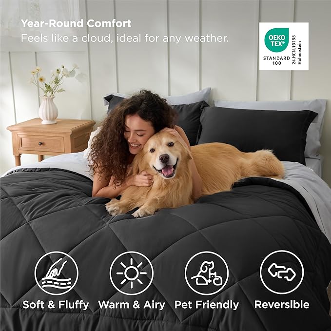 Bedsure Charcoal Grey Queen Comforter Set - 7 Pieces Reversible Bedding, Queen Size Bed Set for All Seasons, Bed in a Bag with Down Alternative Comforter, Sheets, Pillowcases & Shams