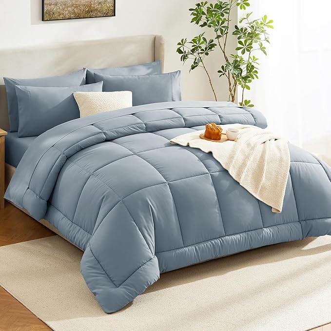 CozyLux Full Size Comforter Sets Grayish Blue, 7 Pieces Bed in a Bag, Blue Comforter Full Size, All Season Bedding Sets with Stitch Quilted Comforter, Flat Sheet, Fitted Sheet, Pillowcases
