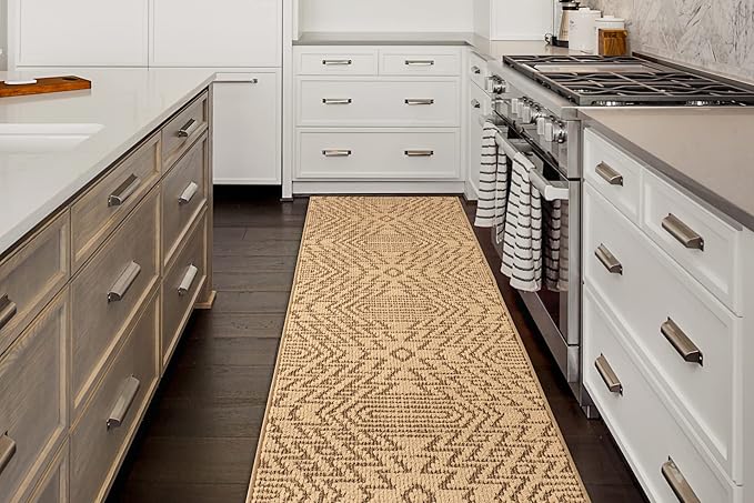 Custom Length Cut to Size Tribal Ethnic Southwestern Inspired Hallway Runner Rug, Non Slip Rubber Backed, 31 inch Wide X Customized Length, Inca Tan, 31 inch X 14 feet