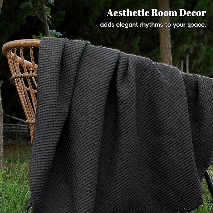 PHF 100% Cotton Waffle Weave Blanket King Size 104" x 90" - Lightweight Washed Soft Breathable -Perfect Layer for Couch Bed Sofa - Aesthetic Elegant Home Decoration Gift - Black