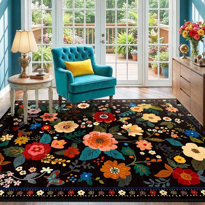 RELEANY Floral Washable 8x10 Area Rugs Black | Flower Carpet Print Boho Cute - Image 8