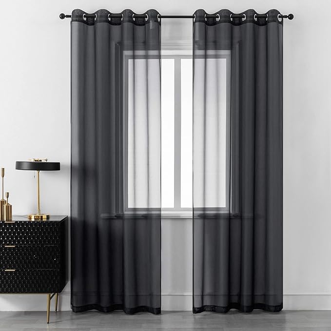 DUALIFE 96 Inches Length Curtains for Living Room Set of 2 Panels Grommet Look Semi Transparent Thin Black Sheer Curtains for Bedroom Backdrop (52" W x 96" L, Black)