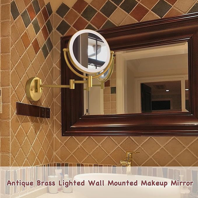 Make up Mirror Wall Mounted Lighted 10X Magnifying Hard Wired, Double Sides 3 Color Lighting Touch Dimming, 360 Swivel Extended Arm Shaving Light up Mirror for Bathroom, Antique Brass