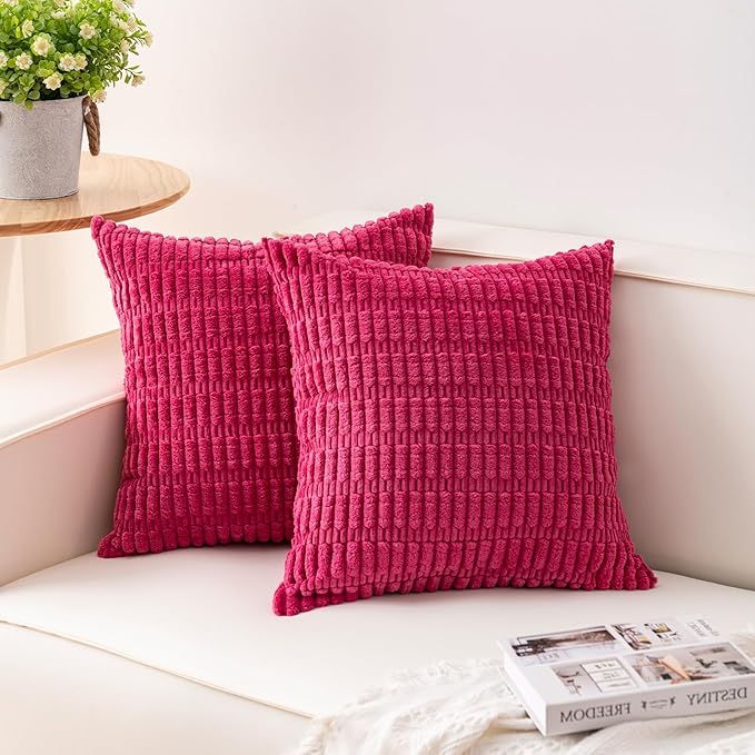 Pack of 2 Corduroy Decorative Throw Pillow Covers 18x18 Inch, Rose Red | Fall by Unknown