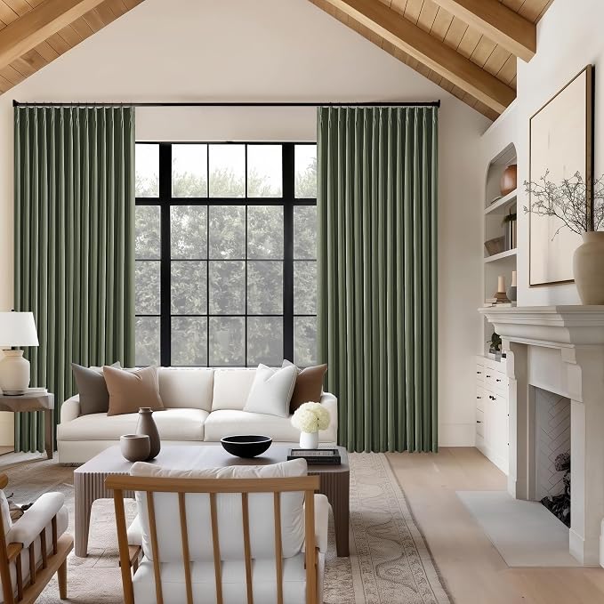 Olive Green Pinch Pleated Linen Blackout Curtains 90 Inch Long - Image 9