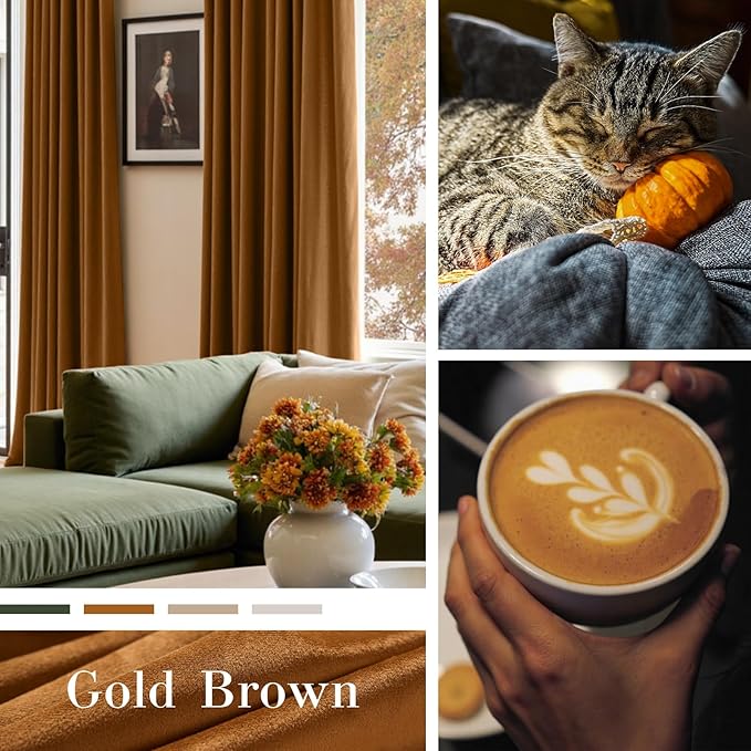 Lazzzy Velvet Blackout Curtains Thermal Insulated Room Window Drapes Super Soft Luxury Curtains for Living Room Bedroom Rod Pocket 2 Panels, Gold Brown, 42" W x 108" L