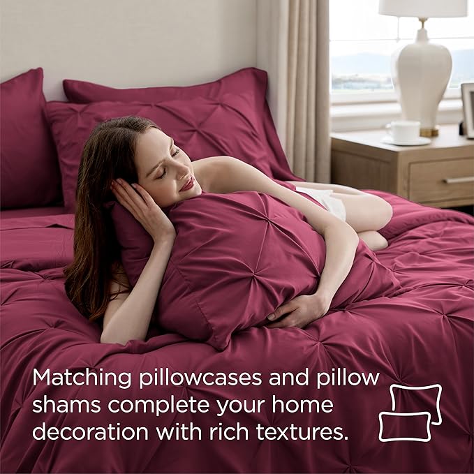 Bedsure Queen Comforter Set Burgundy - Bed in a Bag Queen Size Bedding 7 Pieces, GentleSoft™ Pintuck Bed Set Gift for Family, Pinch Pleat All Season Comforter with Sheets, Pillowcases & Shams