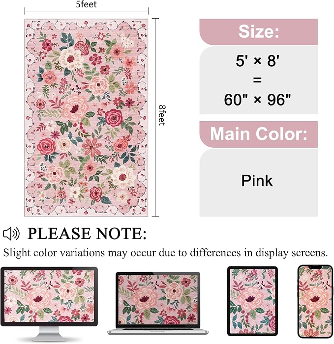DUKINO 5x8 Area Rug for Bedroom, Soft Floral Washable Rug Non Slip, - Image 2