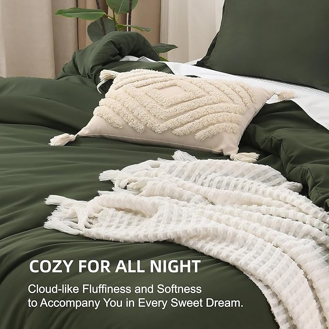 Litanika Dark Olive Green Comforter Set King, 3 Pieces Solid Bedding Comforter Set, All Season Fluffy Bed Set (104x90In Comforter & 2 Pillowcases)