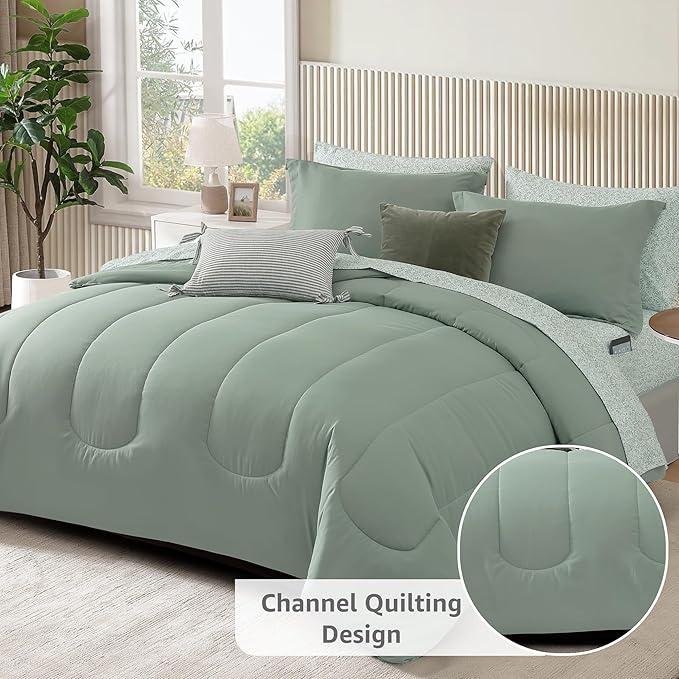 Monbix Full Comforter Set - 7 Pieces Sage Green Bed in a Bag Full Size Track Stitching Bedding Sets, All Seasons Down Alternative Comforter with Sheets,Pillowcases & Shams