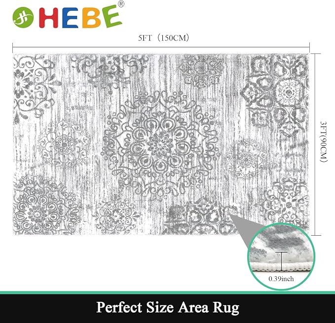 HEBE Area Rug for Entryway 3'x5', Washable Non Slip Boho Bedroom Rug | Soft - Image 2