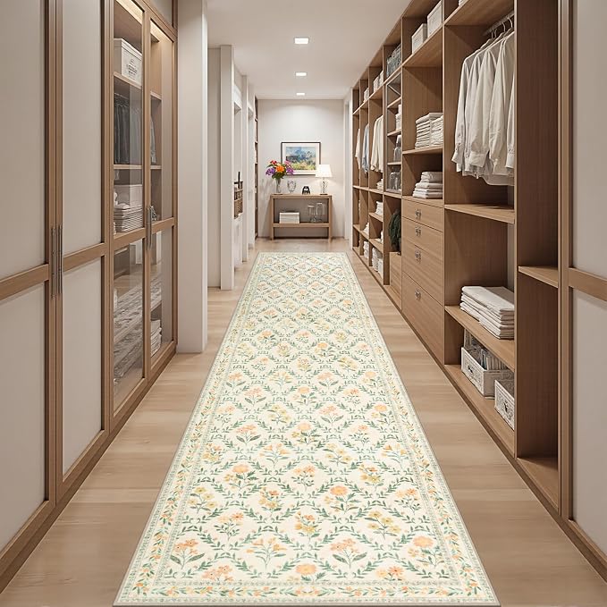 PLHXFR 2.6x14 Washable Runner Rug：Floral Indoor Kitchen Carpet Beige Multi | - Image 5