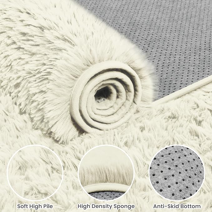 8x10 Fluffy Shag Area Rugs for Living Room Bedroom: Soft Carpet Cream White | - Image 6