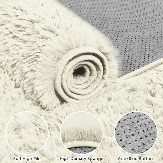 5x7 Fluffy Shag Area Rugs for Living Room Bedroom: Soft Carpet Cream White | - Image 6