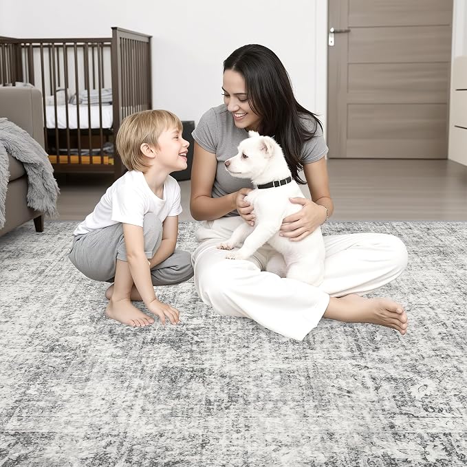 6x9 Area Rug Living Room: Modern Washable Soft Carpet Black Grey | - Image 9