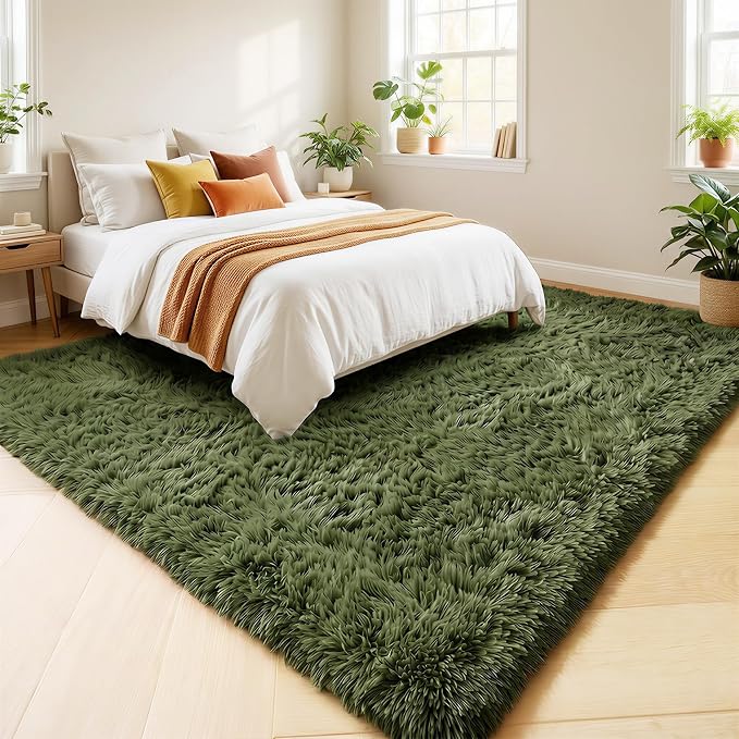 Amdrebio Olive Green Shag Plush Area Rug 4x6 - Image 3