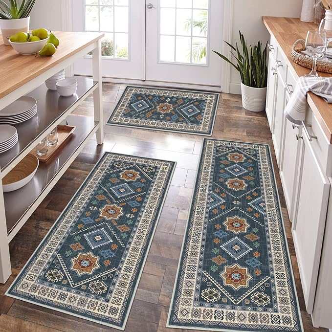 HEBE Boho Kitchen Rugs Set of 3, Non Slip Washable Kitchen Mats by HEBE