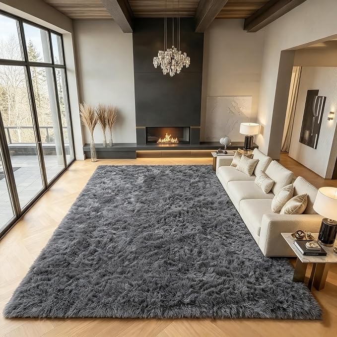 Grey Area Rugs 9x12 Living Room, Soft Plush Thick Shaggy Big Floor Carpet by ONASAR