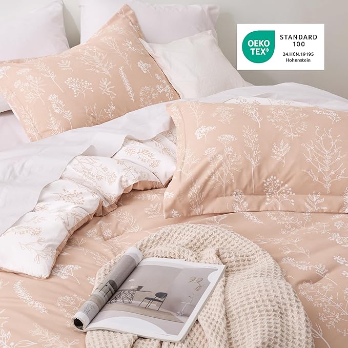 Bedsure Queen Comforter Set - Dusty Rose Bed Set, 3 Pieces Cute Floral Bedding, 1 Soft Reversible Botanical Flowers Comforter and 2 Pillow Shams