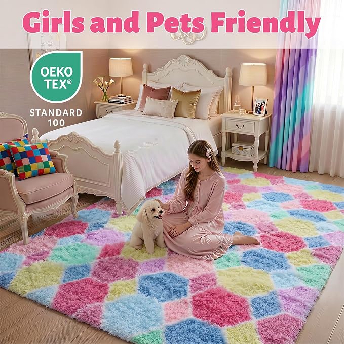 Checkered 8x10 Area Rugs for Living Room, Fluffy Pink Rainbow Girls Rug | Soft - Image 6